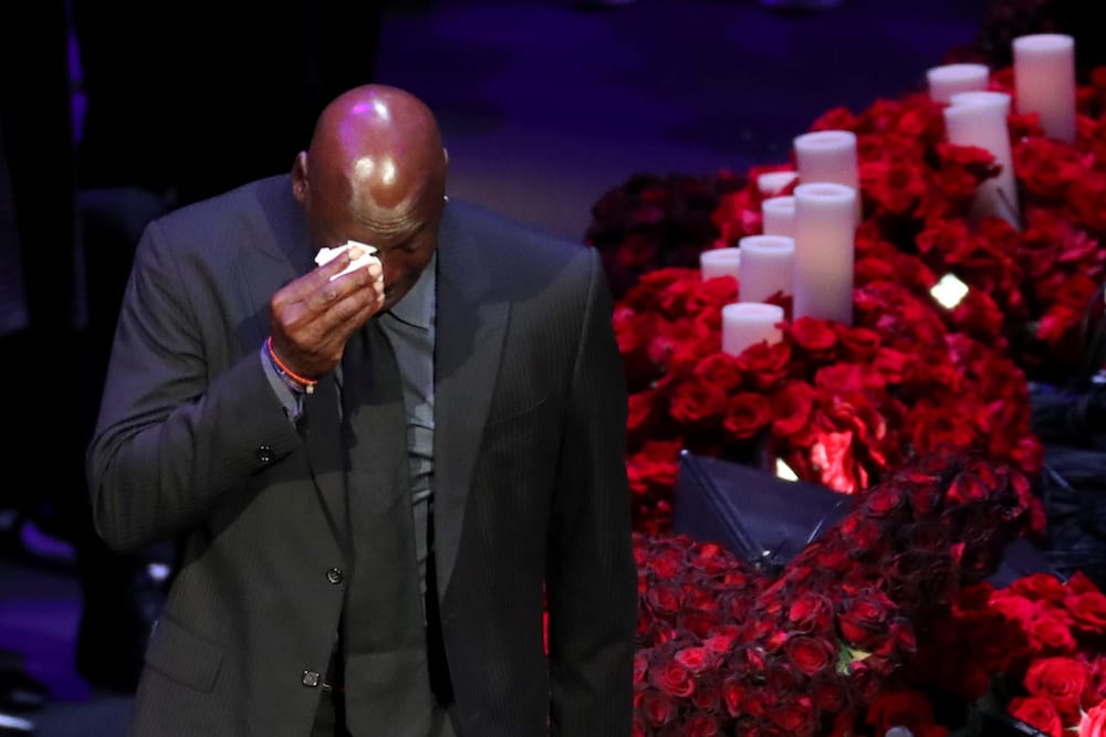 Former basketball player Michael Jordan reacts after speaking during a public memorial for NBA great Kobe Bryant, his daughter Gianna and seven others killed in a helicopter crash on January 26, at the Staples Center in Los Angeles, California, U.S., February 24, 2020. REUTERS/Lucy Nicholson