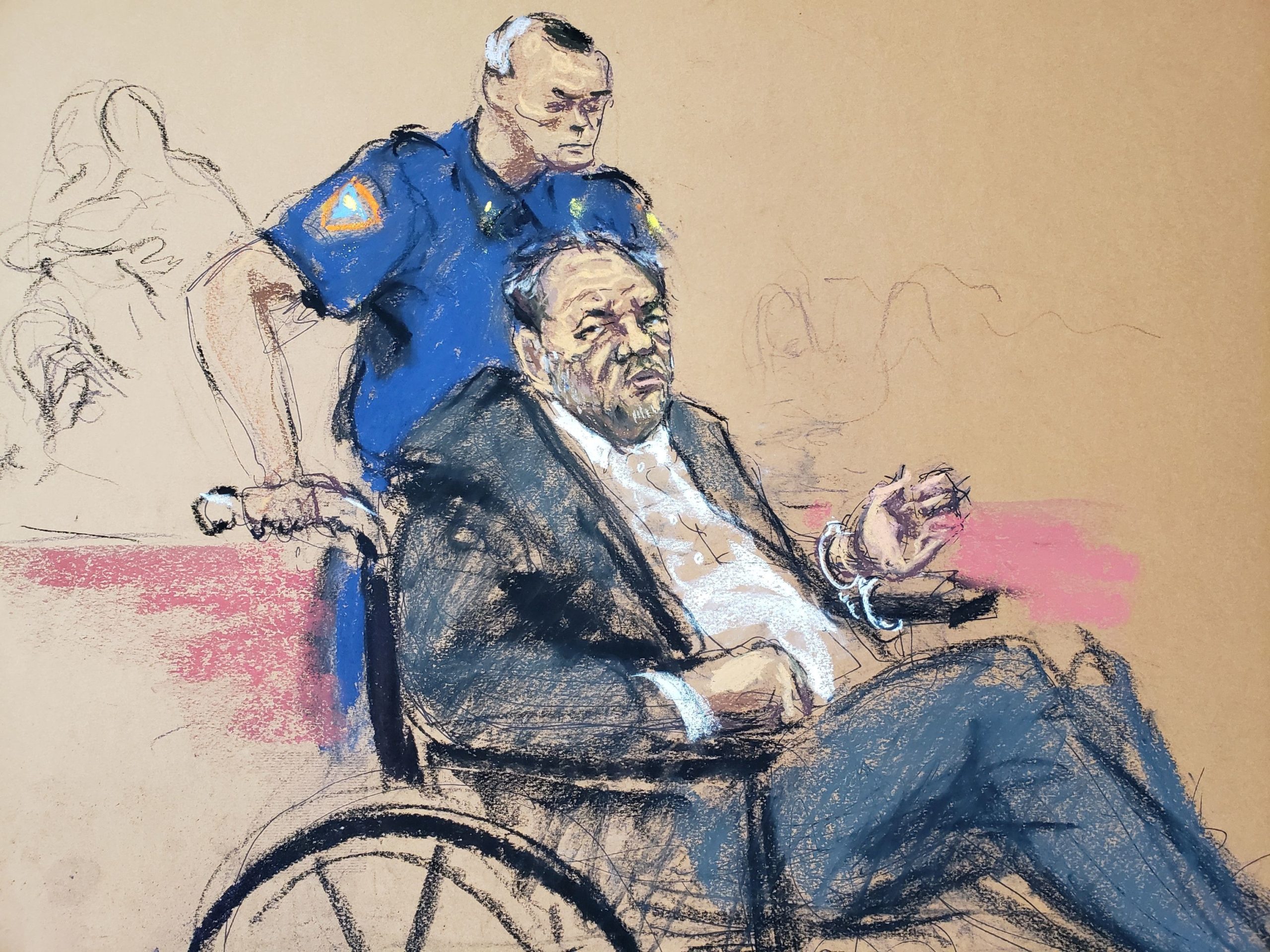 Harvey Weinstein sits in a wheelchair during the sentencing following his conviction on sexual assault and rape charges in the Manhattan borough of New York City, New York, U.S. March 11, 2020 in this courtroom sketch. REUTERS/Jane Rosenberg