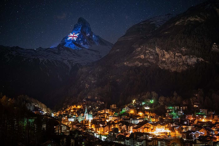 Australian and New Zealand flags projected onto the Matterhorn, Switzerland