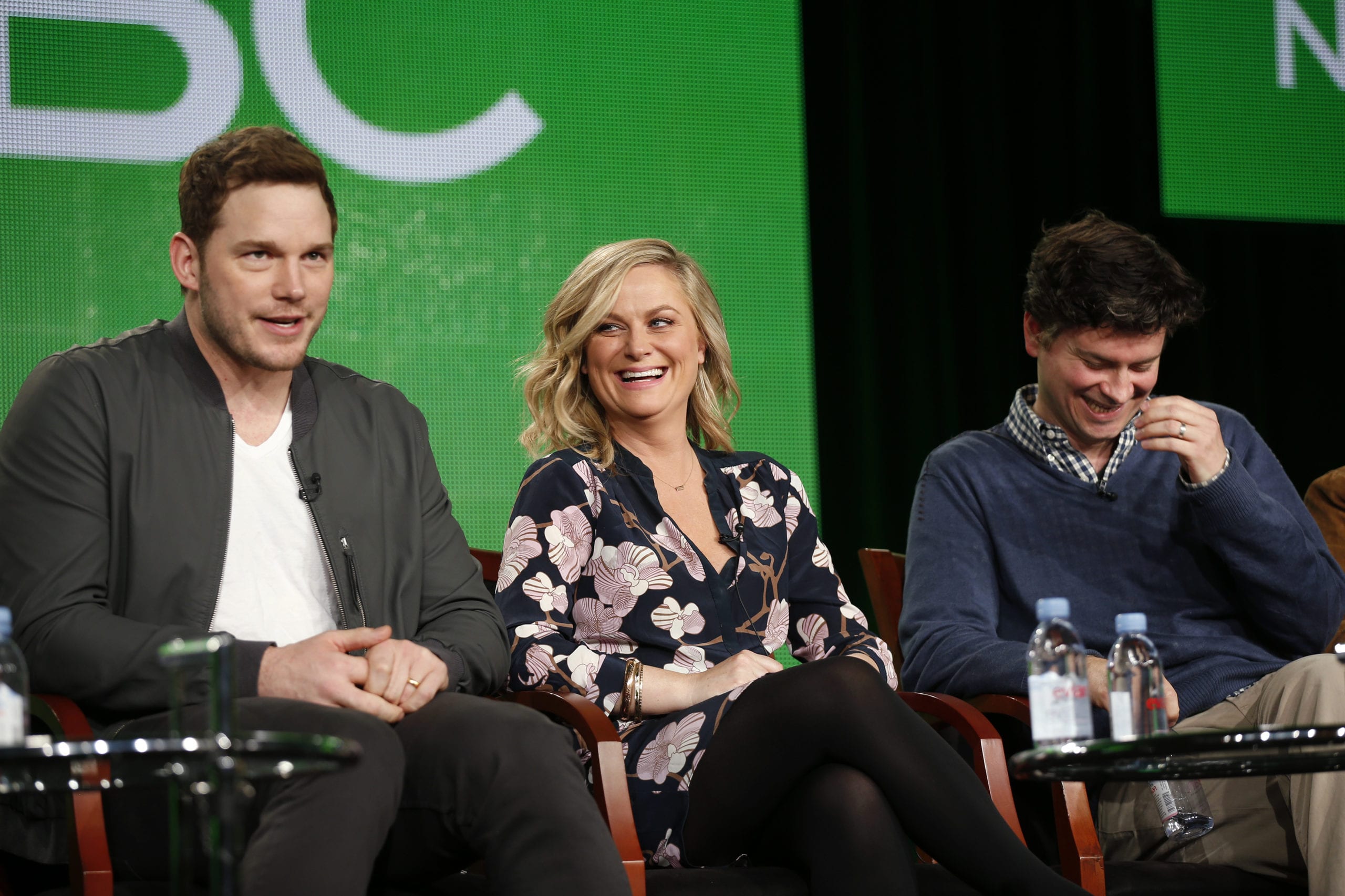 Actors Chris Pratt and Amy Poehler, and producer Mike Schur (L-R) speak about the NBC television show "Parks and Recreation" during the TCA presentations in Pasadena, California, January 16, 2015. REUTERS/Lucy Nicholson   (UNITED STATES - Tags: ENTERTAINMENT) - GM1EB1H0RLJ01
