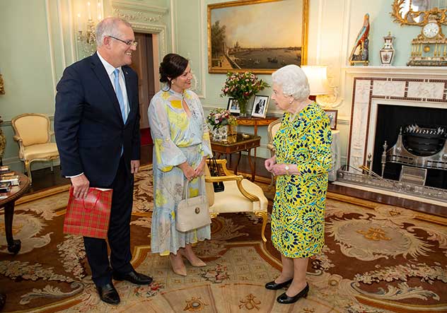 <em>Queen Elizabeth II meets Australian Prime Minister Scott Morrison and his wife Jennifer during a private audience at Buckingham Palace, in London, Britain June 4, 2019</em>