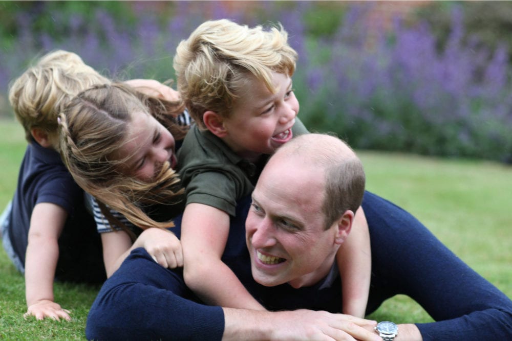 The Duke of Cambridge plays on the grass with (R-L) Prince George, Princess Charlotte and Prince Louis to mark both his birthday and Fathers Day. Prince William, Duke of Cambridge turns 38 on June 21, 2020. (Photo by The Duchess of Cambridge/Kensington Palace via Getty Images) 1221515608