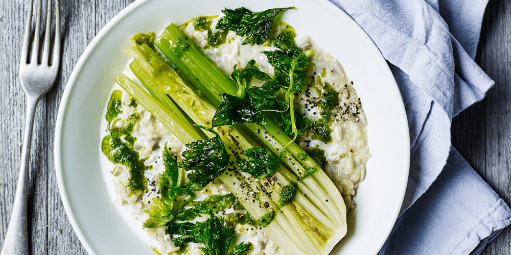 Brown Rice Risotto with Braised Celery and Celery Leaf Salsa Verde