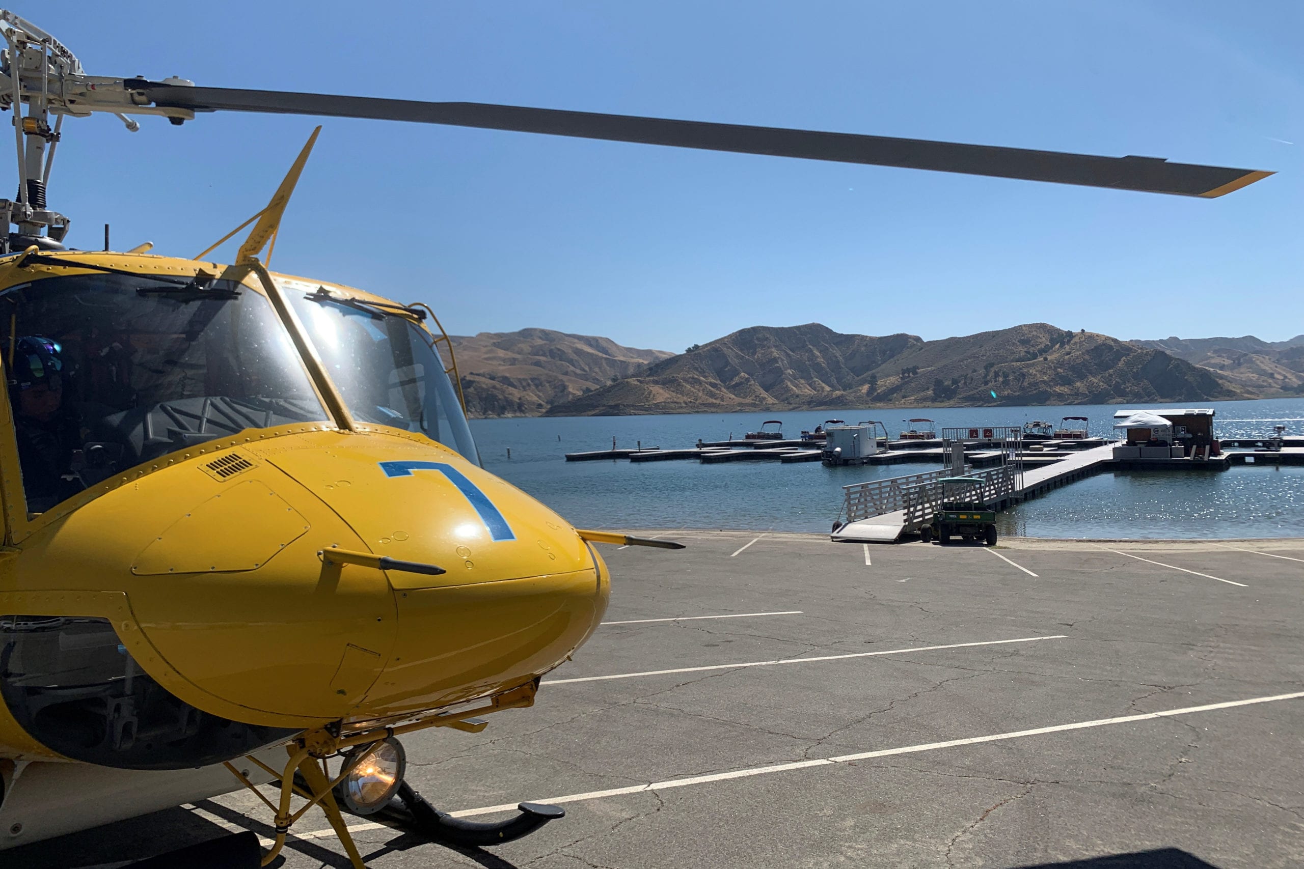 A Ventura County Sheriff's Office helicopter is parked during a search for former "Glee" star Naya Rivera, who went missing on Lake Piru, north of Los Angeles, California, U.S. July 9, 2020.  Ventura County Sheriff's Office/Handout via REUTERS
