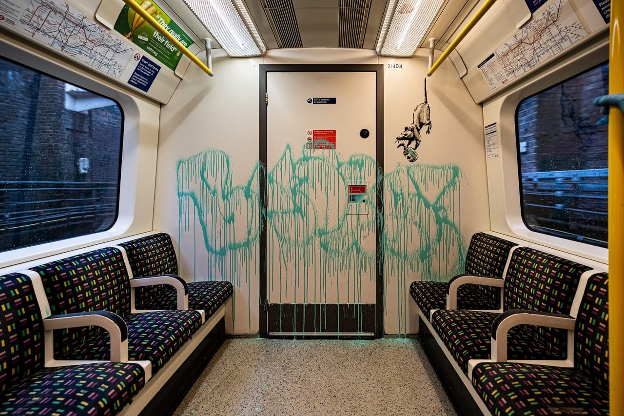 An artwork by Banksy is seen on a London underground carriage. Instagram/Banksy /via REUTERS