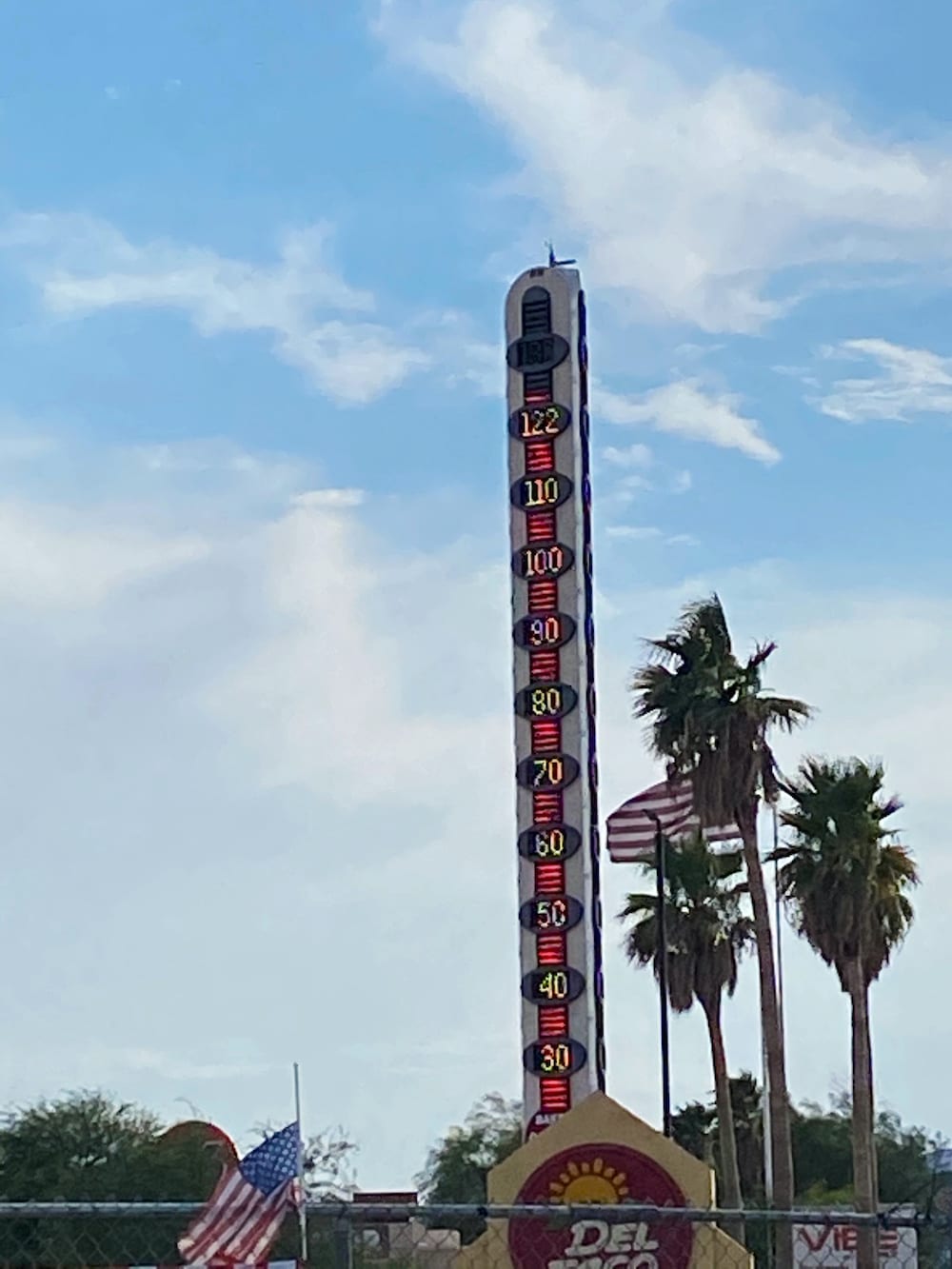 The World’s Tallest Thermometer shows the temperature, in Baker, California, U.S. August 15, 2020. Picture taken August 15, 2020. REUTERS/Dan Whitcomb REFILE - CORRECTING DATE