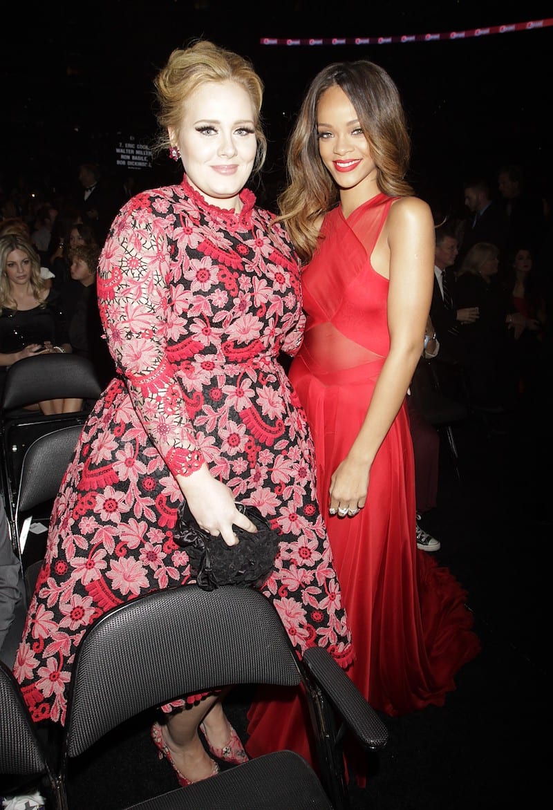 Adele and Rihanna are seen in the audience at the 55th Annual Grammy Awards on February 10, 2013 in Los Angeles, California. CBS/Francis Specker /Landov