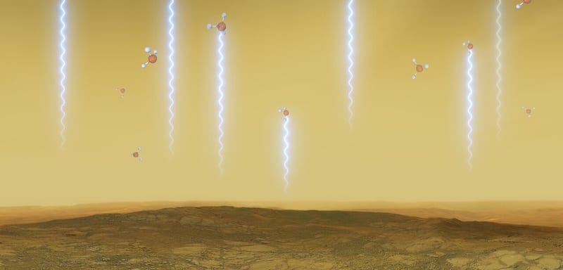 This artistic illustration depicts the Venusian surface and atmosphere, as well as phosphine molecules. These molecules float in the windblown clouds of Venus at altitudes of 55 to 80 km, absorbing some of the millimetre waves that are produced at lower altitudes. They were detected in Venus’s high clouds in data from the James Clerk Maxwell Telescope and the Atacama Large Millimeter/submillimeter Array, in which ESO is a partner. ESO/M. Kornmesser/L. Calcada via REUTERS.