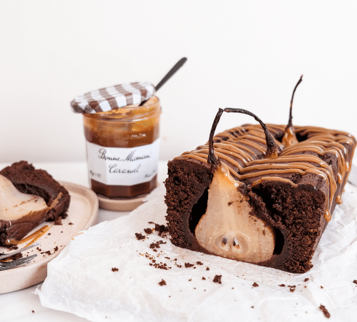 Chocolate Loaf with Ginger Poached Pears and Caramel Drizzle