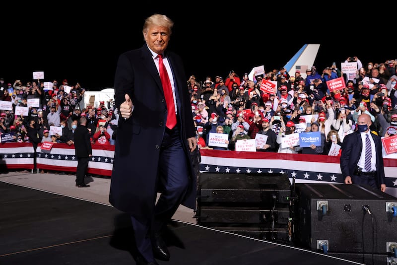 U.S. President Donald Trump holds a campaign rally at John Murtha Johnstown-Cambria County Airport in Johnstown, Pennsylvania, U.S. October 13, 2020. REUTERS/Jonathan Ernst