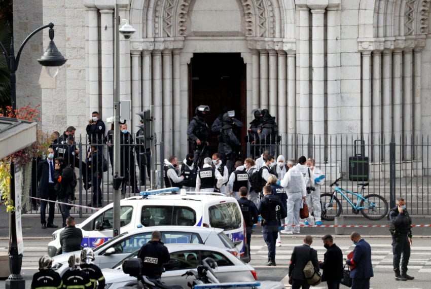 Security forces guard the area after a reported knife attack at Notre Dame church in Nice, France, October 29, 2020. REUTERS/Eric Gaillard