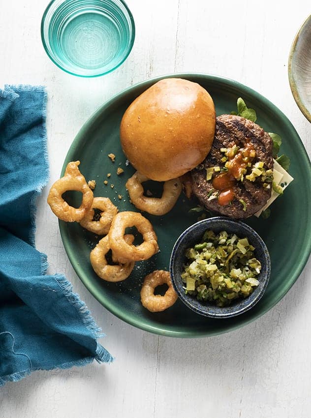 Beef and Lamb Burgers with Gherkin Relish and Swiss Cheese