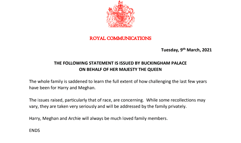 Queen breaks silence on Harry and Meghan interview