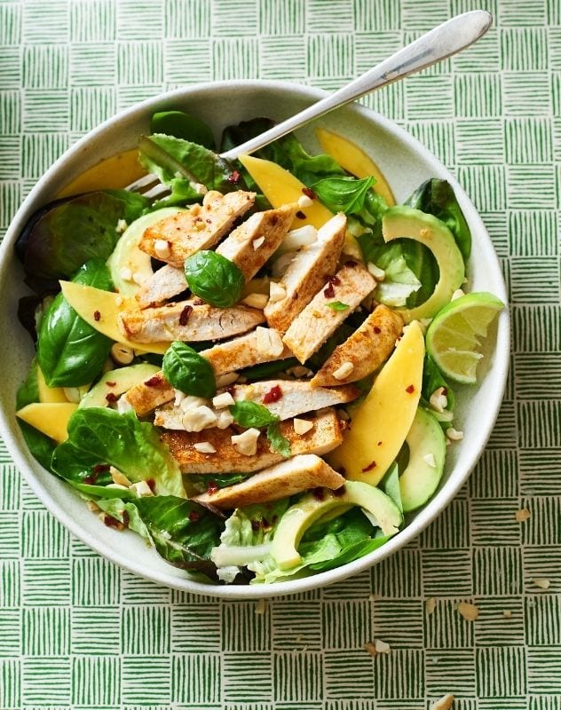 Grilled Chicken, Mango and Avocado Salad with Cashews and Chilli Lime Dressing
