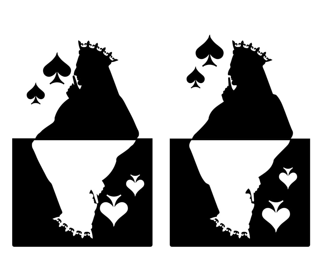 Profile of the face of the Queen of Spades in the crown. The lady presses her finger to her lips - a sign of silence. Silhouette vector illustration. Isolated on white background.