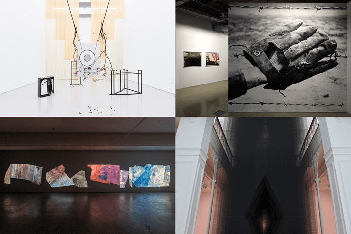 Image credit:
Clockwise from top left:
Sriwhana Spong 'The
painter-tailer', 2019/2021; Fiona Amundsen 'A Body
that Lives', 2018; Mata Aho Collective and Maureen Lander 'Atapō' (installation view), 2020; Sonya Lacey 'Weekend', 2018/2021.