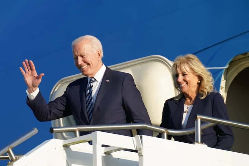 U.S. President Joe Biden and first lady Jill Biden disembark from Air Force One as they arrive at RAF Mildenhall ahead of the G7 Summit, near Mildenhall, Britain June 9, 2021. REUTERS/Kevin Lamarque