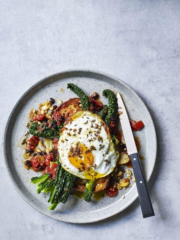 Tomato and Garlic Braised Cavolo Nero with Cumin Seed Fried Eggs