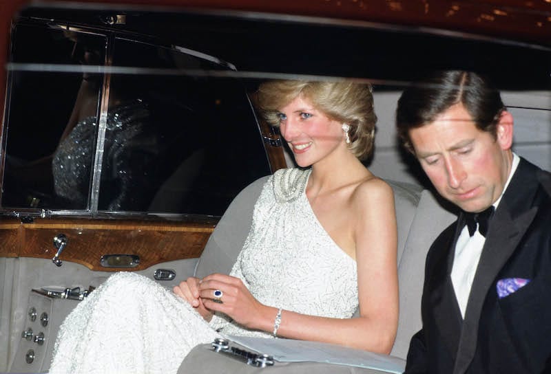 The Prince and Princess of Wales arrive at a gala dinner held at the National Gallery in Washington DC, 11th November 1985. Princess Diana is wearing a white, crystal-beaded silk chiffon assymetric gown by Japanese designer Hachi. (Photo by Tim Graham Photo Library via Getty Images)