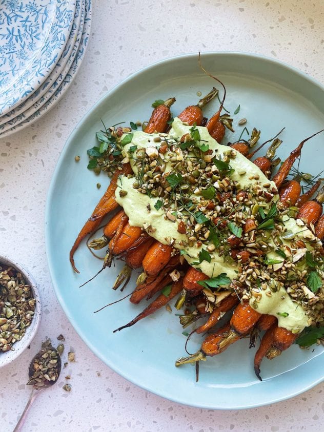 Steph Peirce’s Glazed Baby Carrots with Green Tahini Sauce