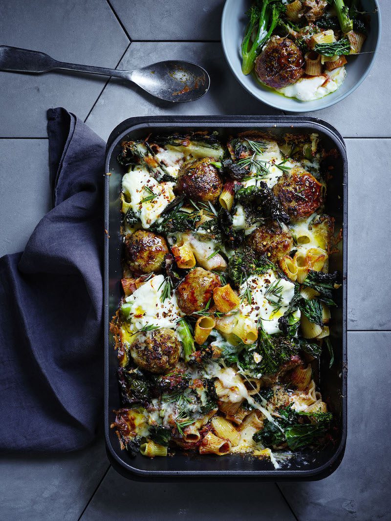 Winter Greens and Meatball Pasta Bake