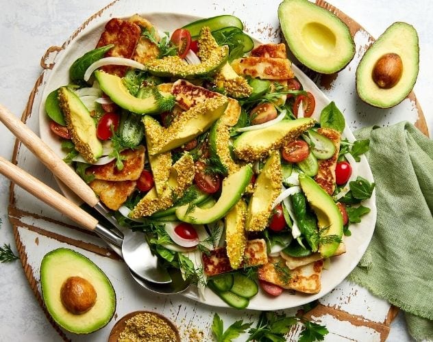 Grilled Halloumi and Dukkah Crumbed Avocado Salad with a Buttermilk Dressing