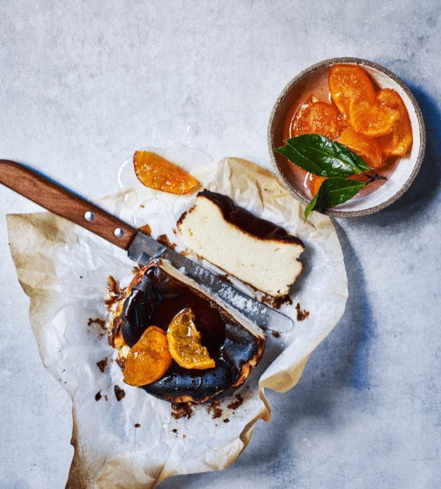 ‘Burnt’ Basque Cheesecakes with Cumquat and Bay Leaf Syrup