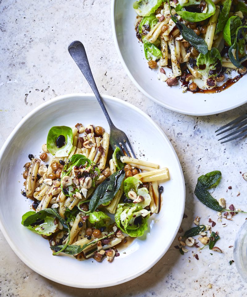 Crispy Fried Brussels Sprout Pasta with Crispy Chickpeas, Currants & Hazelnut Oil