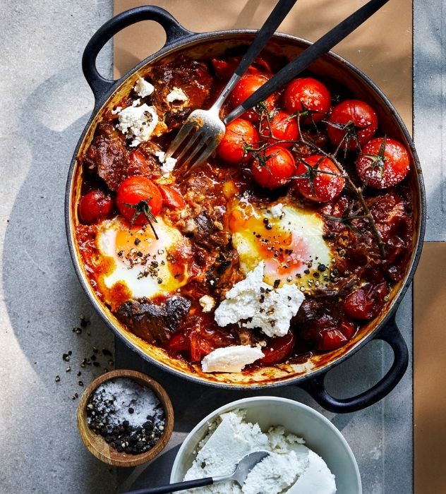 Baked Eggs with Spicy Harissa & Sumac Beef