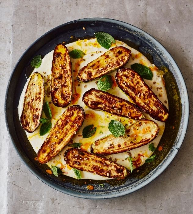 Grilled Courgettes with Warm Yoghurt and Saffron Butter