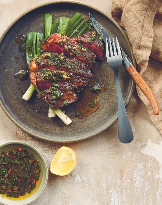 Barbecued Rump Steak with Salsa Verde and Spring Onions