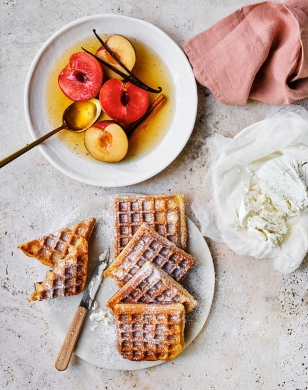 Brioche Waffles with Spiced Fruit and Vanilla Labne