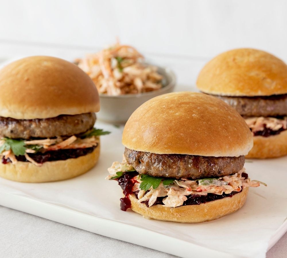 Venison & Beef Burgers with Beetroot Chutney & Slaw