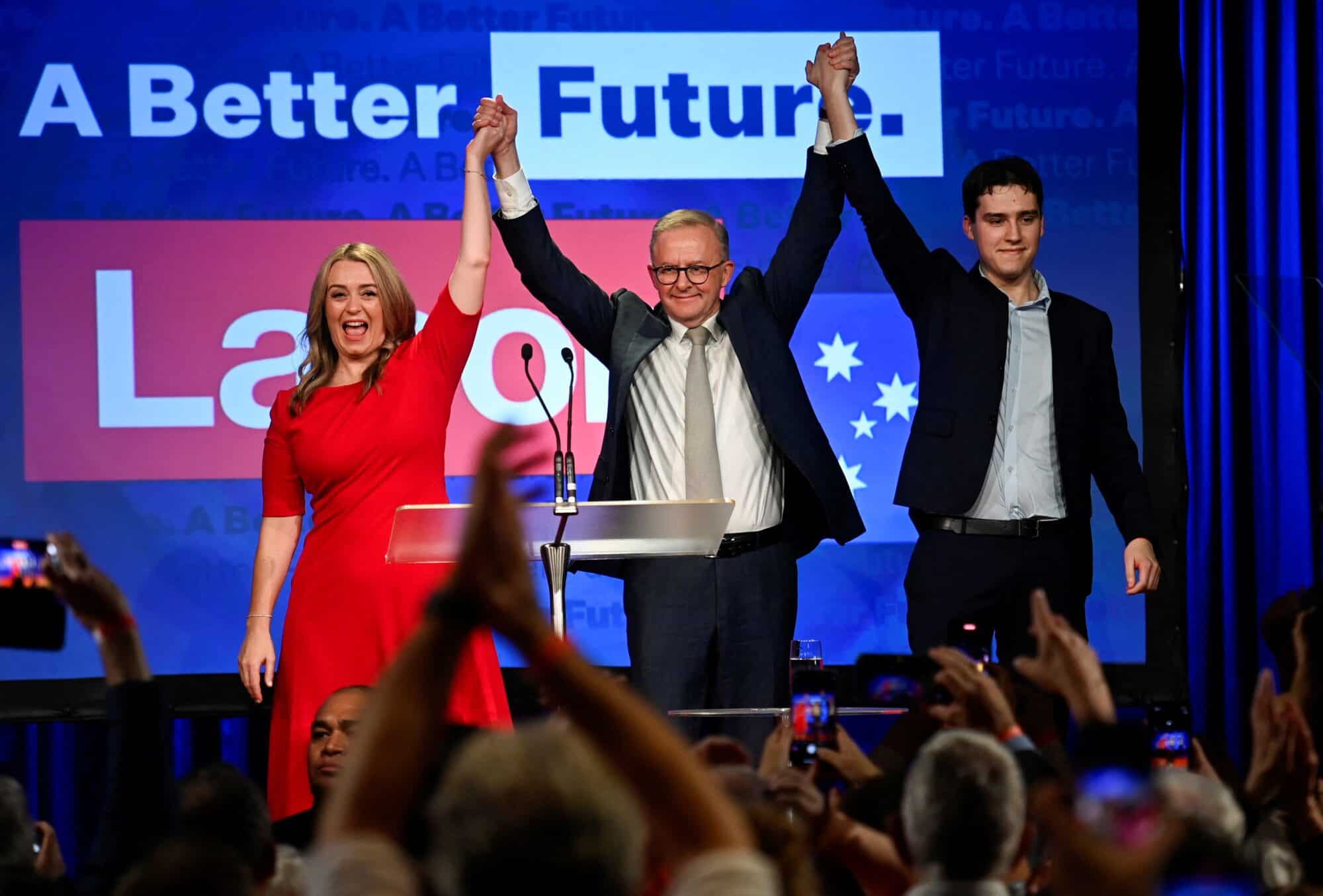 Anthony Albanese, leader of Australia's Labor Party is accompanied by his partner Jodie Haydon and son Nathan Albanese