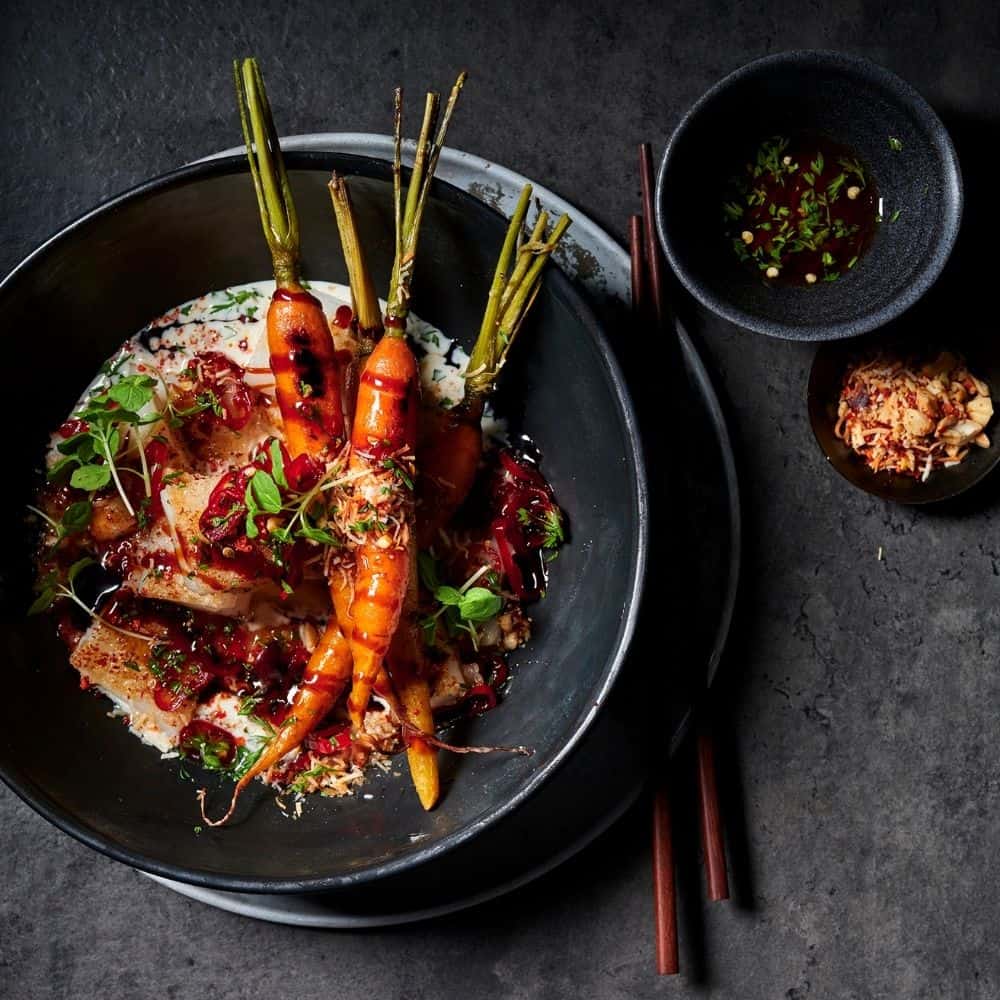 Braised Carrots with Chilli Vinegar & Crispy Rice Noodles