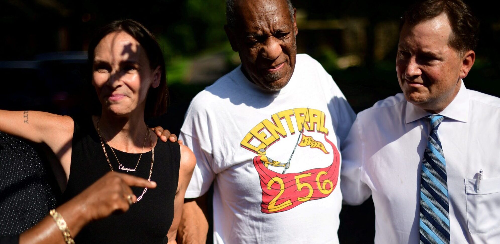 FILE PHOTO: Bill Cosby outside his home after Pennsylvania's highest court overturned his sexual assault conviction and ordered him released from prison immediately, in Elkins Park, Pennsylvania, U.S., June 30, 2021.  At left is lawyer Jennifer Bonjean. REUTERS