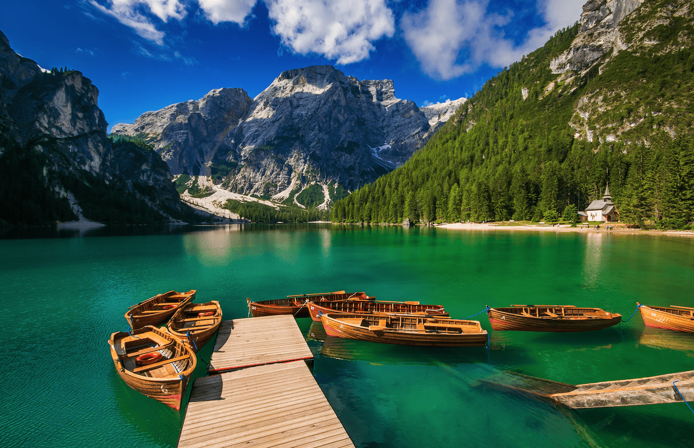 A wonderful view of Braies lake with its fantastic colours in the heart of Italian Dolomites