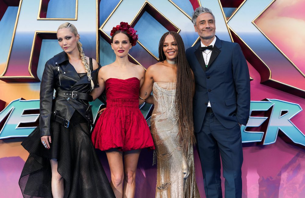 Director Taika Waititi and cast members Natalie Portman, Pom Klementieff and Tessa Thompson attend a premiere of Marvel Studios' "Thor: Love and Thunder" in London, Britain July 5, 2022. REUTERS/Maja Smiejkowska