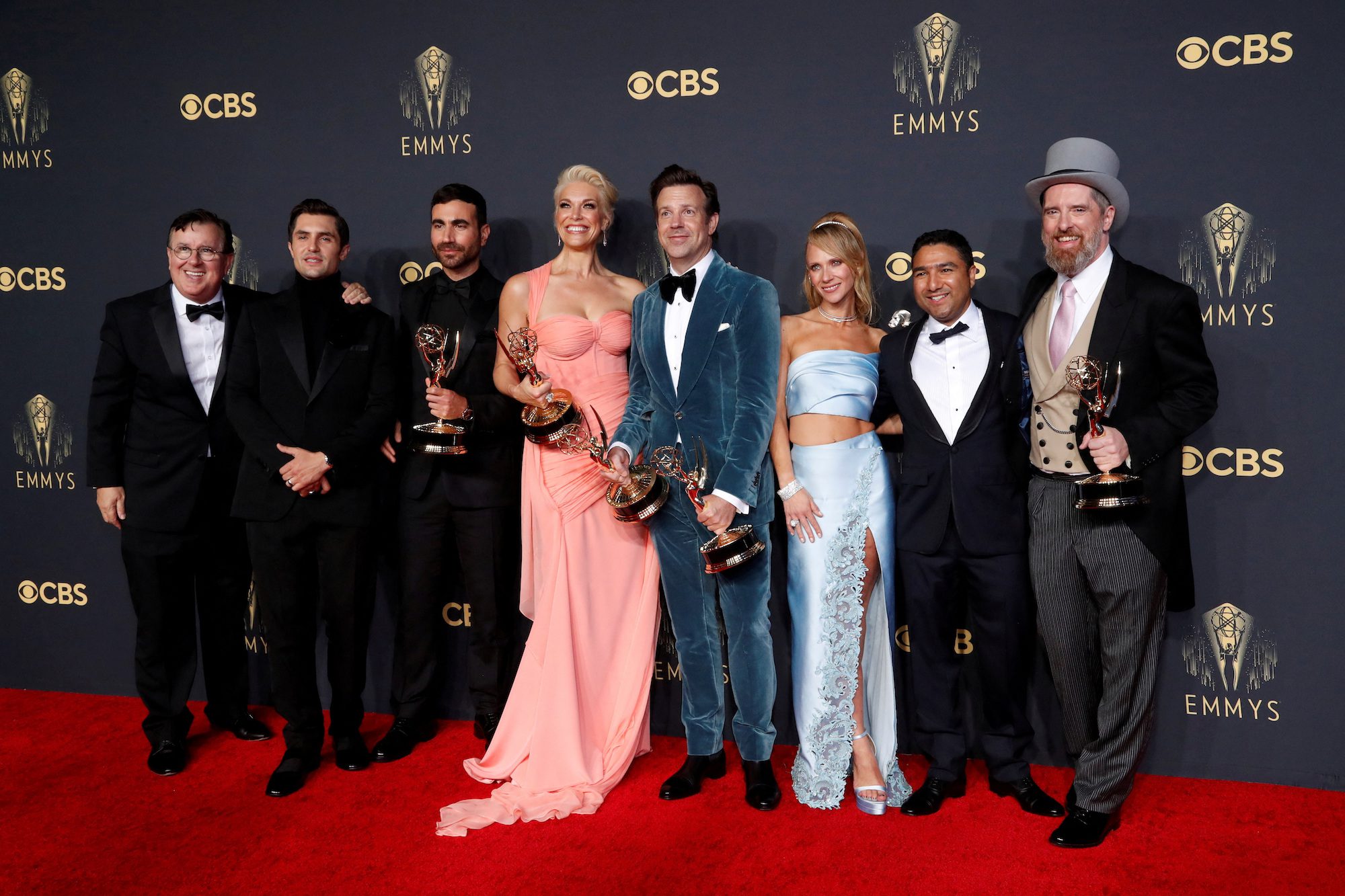 <em>Actors Jeremy Swift, Phil Dunster, Brett Goldstein, Hannah Waddingham, Jason Sudeikis, Juno Temple, Nick Mohammed and Brendan Hunt, cast members of "Ted Lasso", pose for a picture together at the 73rd Primetime Emmy Awards in Los Angeles, U.S., September 19, 2021. REUTERS/Mario Anzuoni</em>