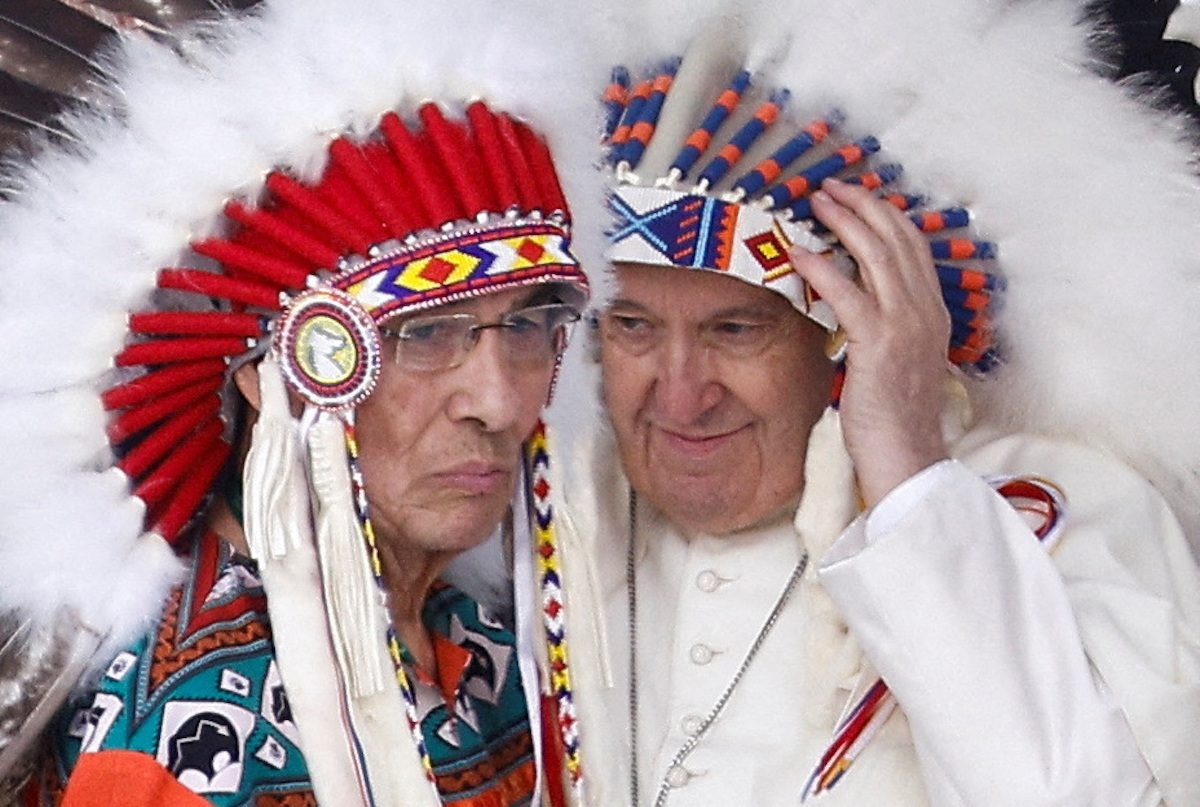 Pope Francis meets with First Nations, Metis and Inuit indigenous communities in Maskwacis, Alberta, Canada July 25, 2022. REUTERS/Guglielmo Mangiapane 
