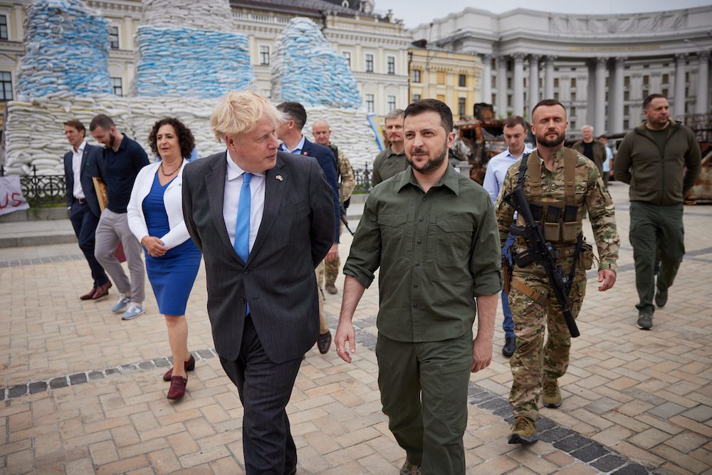 <em>British Prime Minister Boris Johnson and Ukraine's President Volodymyr Zelenskiy walk at Mykhailivska Square, as Russia's attack on Ukraine continues, in Kyiv, Ukraine June 17, 2022. Ukrainian Presidential Press Service/Handout via REUTERS</em>