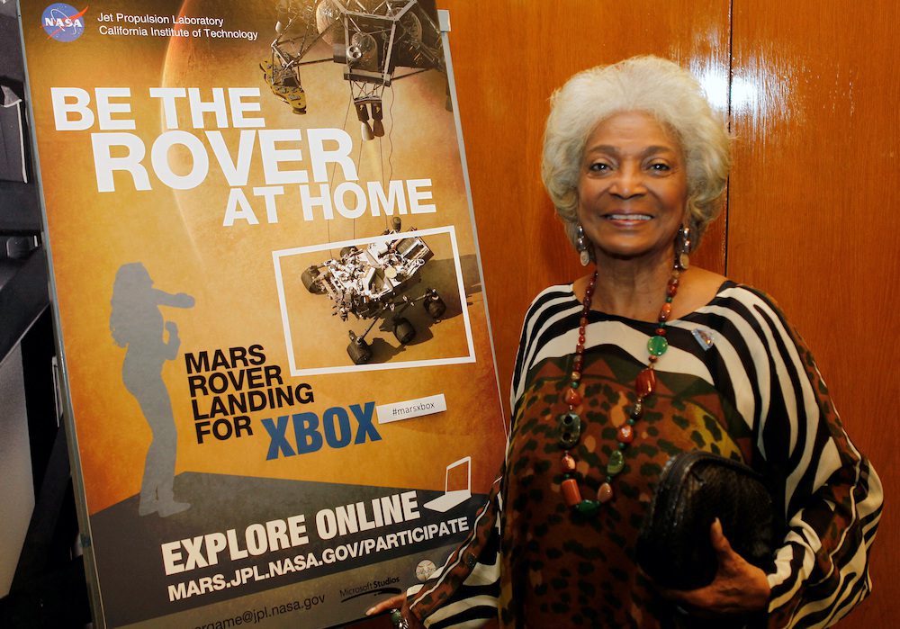 FILE PHOTO: Actor Nichelle Nichols, who played the character Uhura in the original "Star Trek" TV series, poses at NASA's Jet Propulsion Lab in Pasadena, Calfiornia August 5, 2012. REUTERS/Fred Prouser/File Photo