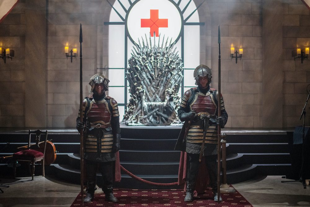 FILE PHOTO: Actors portraying knights guard the Iron Throne at an interactive Game Of Thrones installation called Bleed For The Throne at the South by Southwest (SXSW) conference and festivals in Austin, Texas, U.S., March 8, 2019. Photo taken March 8, 2019. REUTERS/Sergio Flores/File Photo