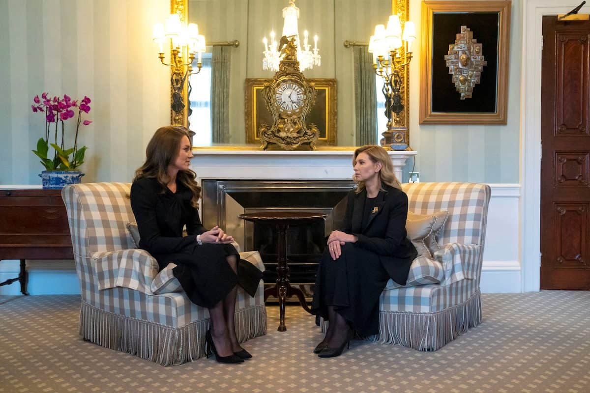 The Princess of Wales (left) speaks with the First Lady of Ukraine, Olena Zelenska, as she welcomes her to Buckingham Palace in London, ahead of the funeral of Queen Elizabeth II. Picture date: Sunday September 18, 2022. Kirsty O'Connor/Pool via REUTERS