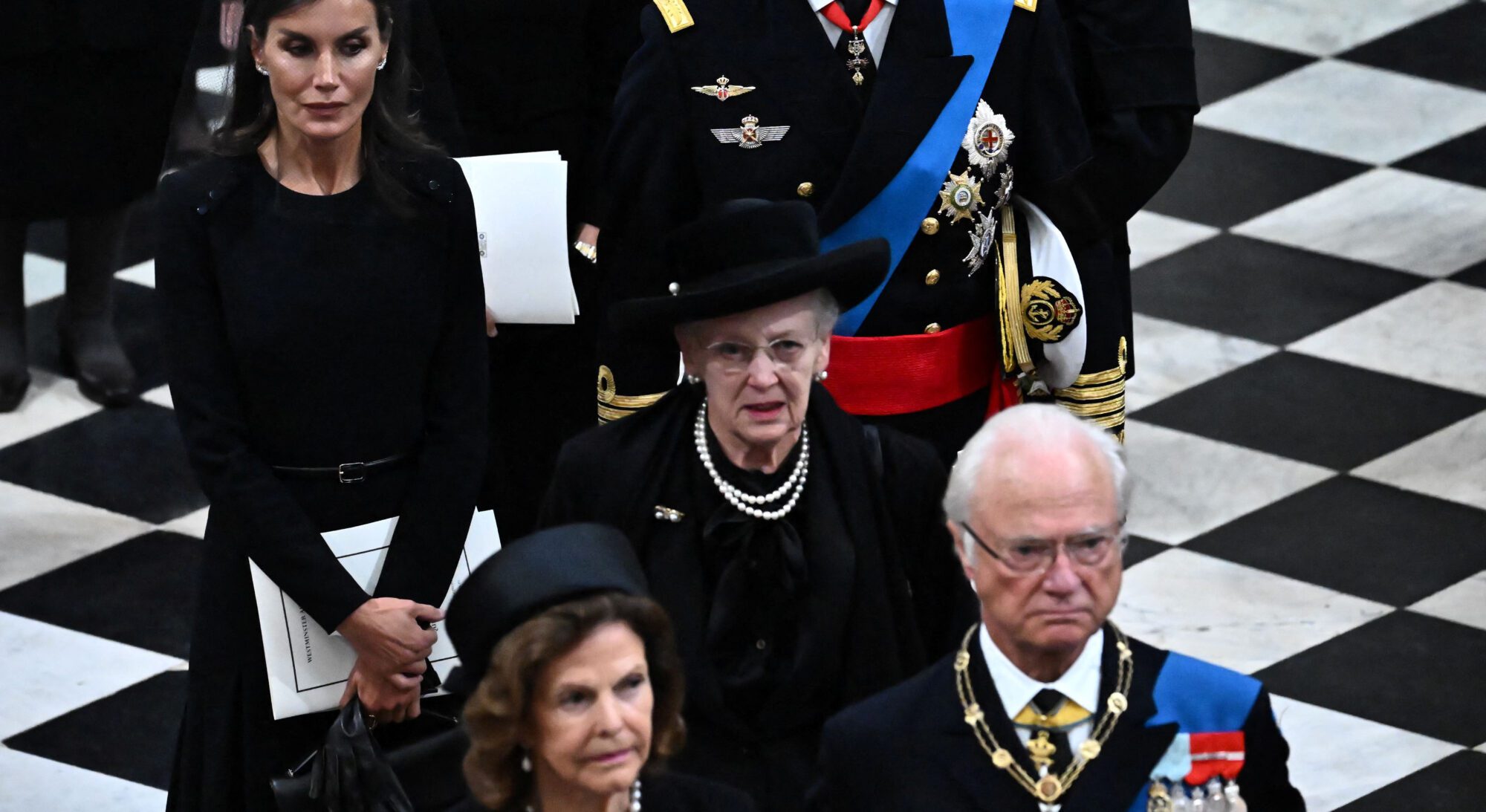 Denmark's Queen Margrethe II was surrounded by other royals at Queen Elizabeth's funeral, including Sweden's Queen Silvia (lower left), Sweden's King Carl Gustav XVI (lower right) and Spain's Queen Letizia 