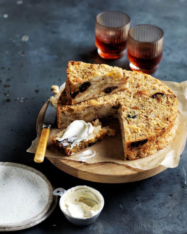 Caramelised Apple & Rum Bread Pudding Cake with Spiced Butter