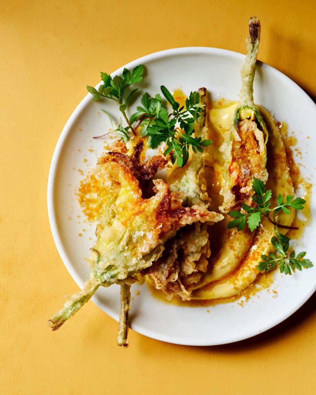 Prawn-Stuffed Zucchini Flowers with Saffron & Bottarga