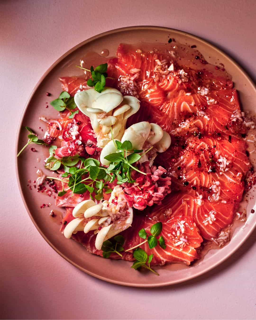 Salmon Sashimi with Pickled Pink Oyster Mushroom & Shallot Dressing