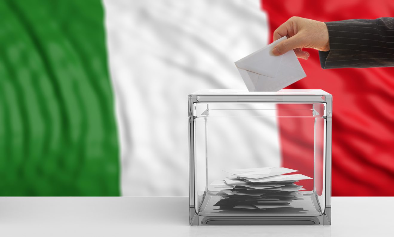 Voter on an waiving Italy flag background. 3d illustration