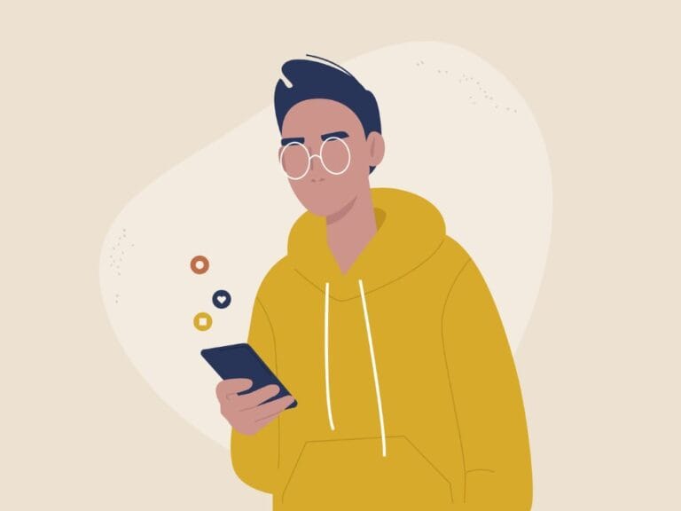 young man with phone notifications